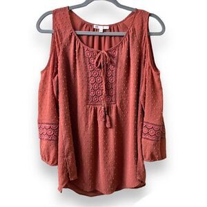 DR2 Cold Shoulder Crochet Knit Coral Blouse S Off Shoulder Boho Top Lightweight